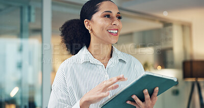 Buy stock photo Tablet, thinking and businesswoman in office with research for development of banking app for company. Technology, professional and female fintech engineer with investment platform in workplace