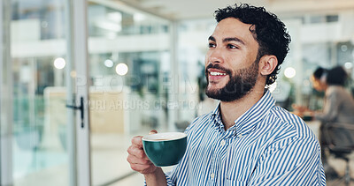 Buy stock photo Business, man and coffee with thinking in office for morning start, creative inspiration or story ideas. Coworking, journalist and beverage with reflection for article headline, productivity or space