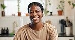Black woman, smile and portrait in kitchen, home and pride with confidence, morning and break. African person, happy and excited on weekend, relax or rest with chilling at apartment in Nigeria