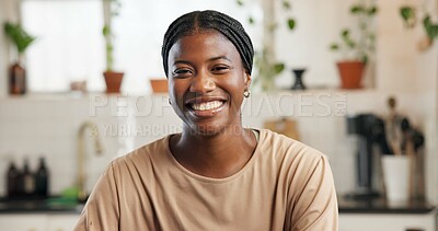 Buy stock photo Black woman, smile and portrait in kitchen, home and pride with confidence, morning and break. African person, happy and excited on weekend, relax or rest with chilling at apartment in Nigeria