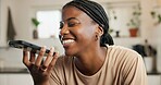 Black woman, phone call and loudspeaker in home, laugh and funny story with conversation in kitchen. African person, smartphone and happy with voice, discussion and chat with gossip at apartment