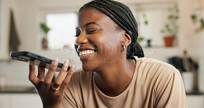 Buy stock photo Black woman, phone call and loudspeaker in home, laugh and funny story with conversation in kitchen. African person, smartphone and happy with voice, discussion and chat with gossip at apartment