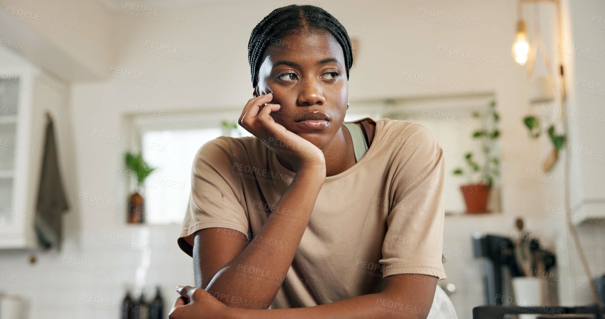 Buy stock photo Thinking, sad and woman with depression in kitchen for burnout, overworked and household pressure. Mental health, bored and black person with overthinking for home crisis, overwhelmed or disappointed