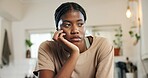 Thinking, sad and woman with depression in home for unemployment, job stress or disappointed. Bored, hopeless and black person with overthinking for mental health, jobless and overwhelmed by failure
