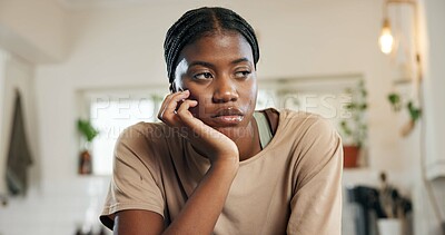 Buy stock photo Thinking, sad and woman with depression in home for unemployment, job stress or disappointed. Bored, hopeless and black person with overthinking for mental health, jobless and overwhelmed by failure
