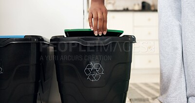 Buy stock photo Hands, box and recycling bin in home for garbage, sustainability and organize in kitchen. Person, plastic container and sort with trash, waste and eco friendly for carbon footprint at apartment