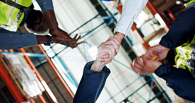 Buy stock photo Business people, handshake or logistics with applause for partnership or distribution in storage. Low angle, employees or colleagues shaking hands with deal for shipping or supply chain in depot