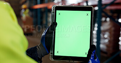 Buy stock photo Supply chain, green screen and hands of person on tablet for research, online checklist and website. Tracking markers, distribution and worker on digital tech for shipping, inventory and logistics