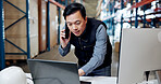 Man, phone call and laptop at warehouse for shipping, contact or schedule for supply chain job. Person, pc and smartphone for logistics, scroll and talk with inventory management at storage plant
