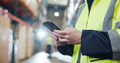 Buy stock photo Supply chain, phone and hands of person in warehouse for typing message, online checklist and website. Logistics, distribution and worker on smartphone for shipping schedule, inventory and delivery