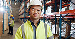 Portrait, industrial engineer and man in warehouse, happy and pride for distribution of supply chain. Shipping, goods and person with helmet for safety, logistics and smile for production in factory