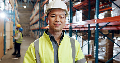 Buy stock photo Portrait, industrial engineer and man in warehouse, happy and pride for distribution of supply chain. Shipping, goods and person with helmet for safety, logistics and smile for production in factory