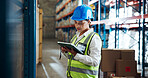 Tablet, logistics worker and woman in warehouse for distribution, supply chain or check stock. Digital technology, shipping and person with inventory management for cargo,  storage or quality control