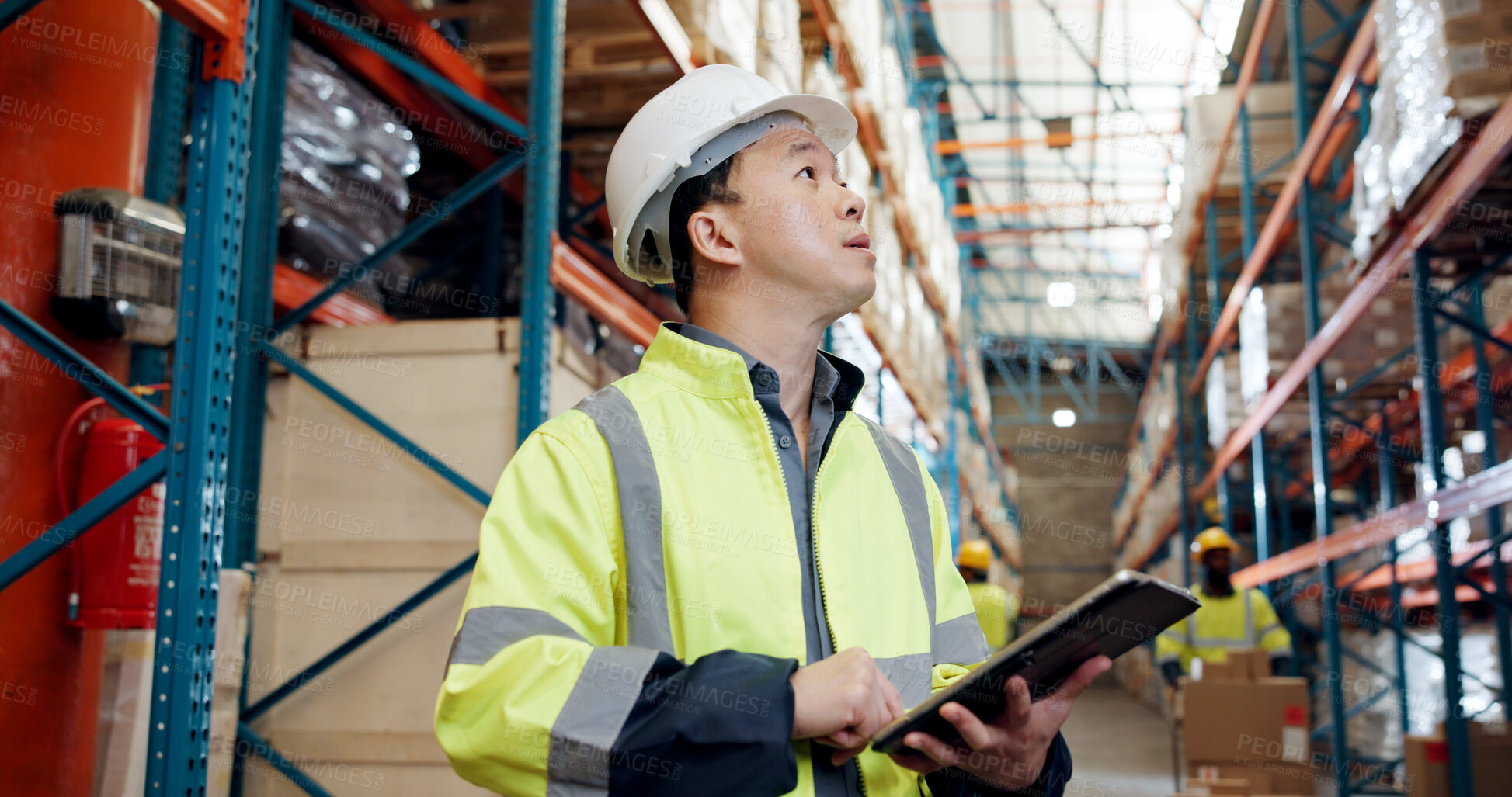 Buy stock photo Thinking, logistics and man in warehouse with tablet for storage, supply chain or check stock. Tech, shipping and person with inventory management for cargo planning, problem solving or inspection