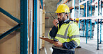 Man, radio and clipboard at warehouse, storage and checklist with safety check for supply chain. Person, communication and contact with barcode scanner for inventory management with cargo at plant
