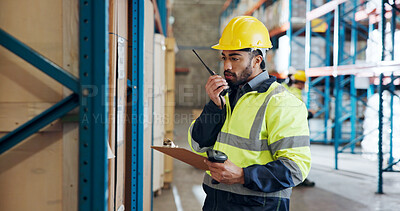 Buy stock photo Man, radio and clipboard at warehouse, storage and checklist with safety check for supply chain. Person, communication and contact with barcode scanner for inventory management with cargo at plant