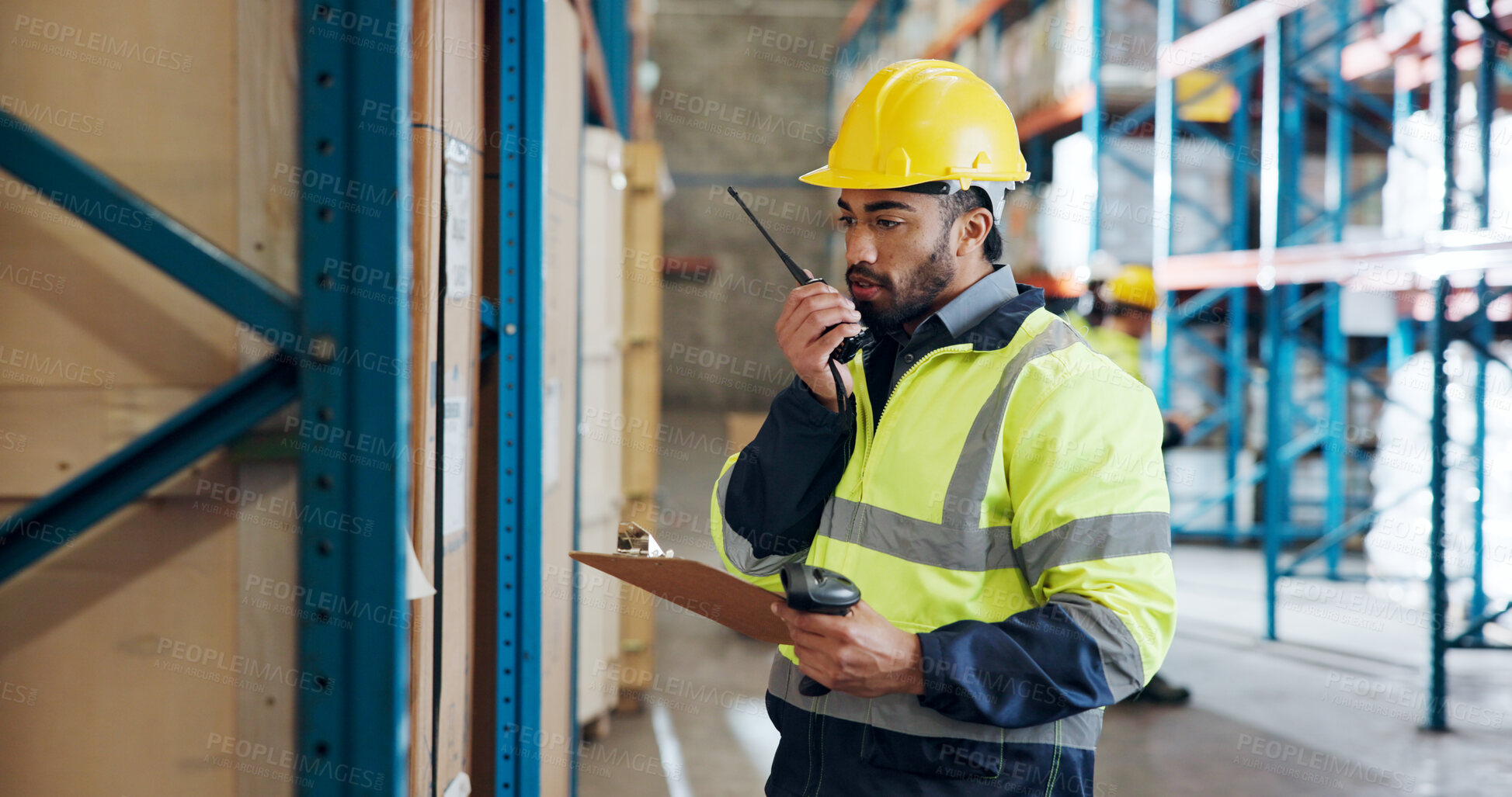 Buy stock photo Man, radio and clipboard at warehouse, storage and checklist with safety check for supply chain. Person, communication and contact with barcode scanner for inventory management with cargo at plant