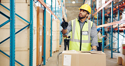 Buy stock photo Logistics, man and inspection with cart in warehouse for supply chain, backlog control or shipping. Distribution picker, worker and counting boxes for inventory export, storage management or delivery