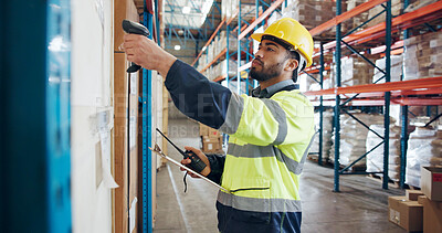 Buy stock photo Shipping, scan and man with clipboard in warehouse for supply chain, distribution and inventory. Inspection, storage depot and person with barcode for logistics order, manufacturing and delivery