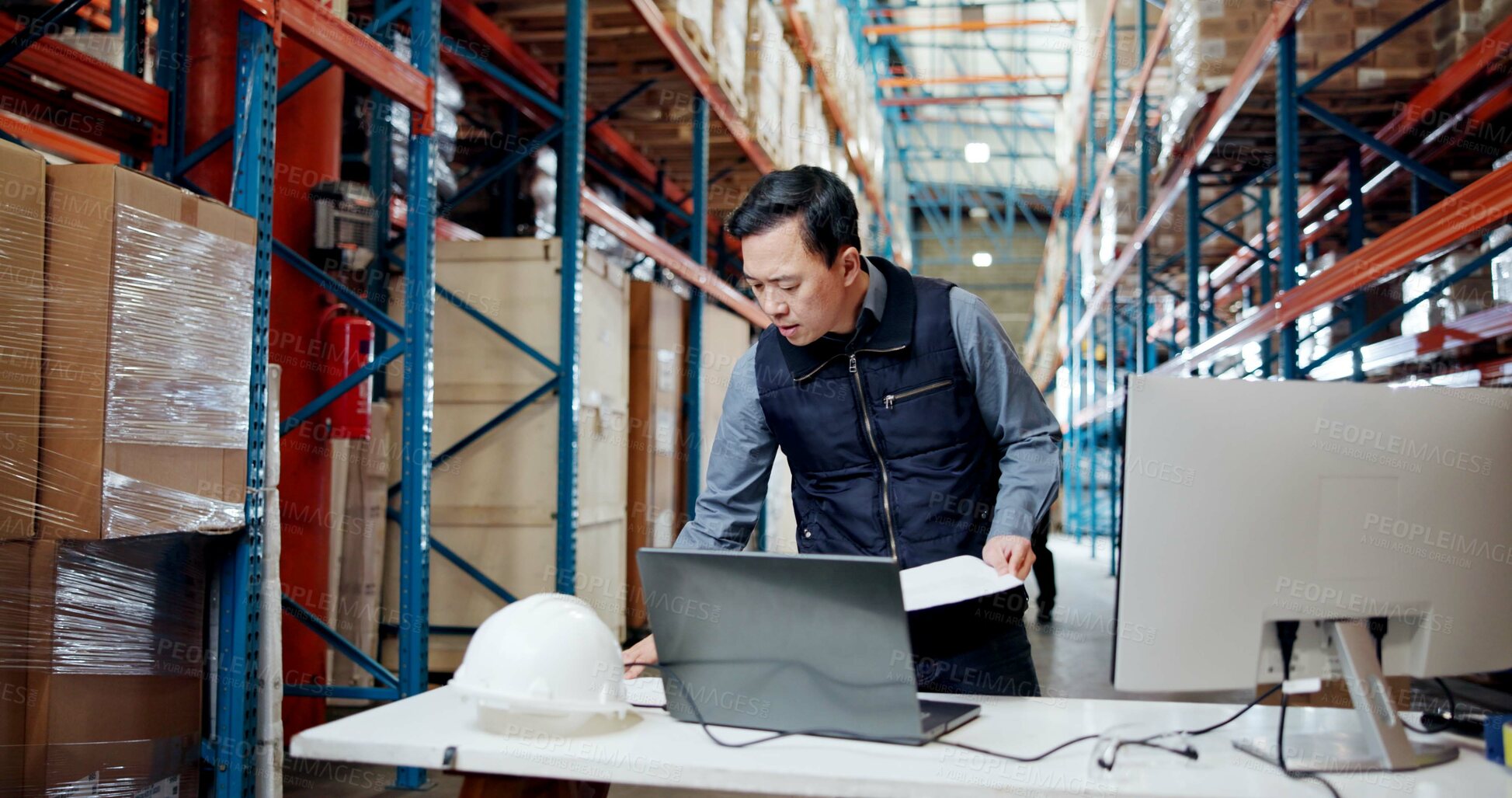Buy stock photo Man, documents and stress at warehouse with laptop, checklist or lost invoice for shipping order. Person, computer and paperwork for supply chain, notes and search with inventory management at plant
