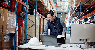 Buy stock photo Man, documents and stress at warehouse with laptop, checklist or lost invoice for shipping order. Person, computer and paperwork for supply chain, notes and search with inventory management at plant