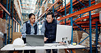 Business people, laptop or checking stock in warehouse for logistics, supply chain or distribution. Man, woman or employees with computer for quality control, inventory or management in storage depot