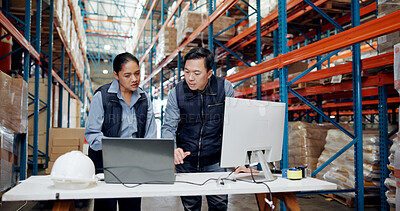 Buy stock photo Business people, laptop or checking stock in warehouse for logistics, supply chain or distribution. Man, woman or employees with computer for quality control, inventory or management in storage depot
