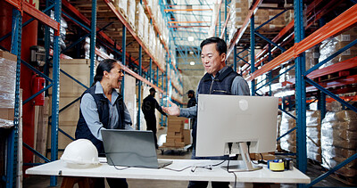 Buy stock photo Woman, man and excited with computer at warehouse for profit, team and notification for logistics deal. People, laptop and happy with wow, export or shipping for inventory management at storage plant