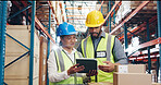 Shipping, team and people in warehouse on tablet for distribution, inventory and order inspection. Meeting, storage depot and man with woman on digital tech for logistics, supply chain and delivery