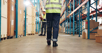 Buy stock photo Legs, walk and inspection at warehouse, logistics and shelf with career, storage or back for safety check. Person, supply chain and cargo for inventory management, export or job at shipping company