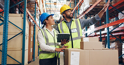 Buy stock photo Supply chain, pointing and people in warehouse on tablet for distribution, inventory or order inspection. Meeting, storage depot and man with woman on digital tech for logistics, shipping or delivery