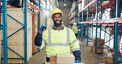 Buy stock photo Portrait, engineer and man with boxes, warehouse and happy for distribution, goods and supply chain. Logistics, distributor and black person with helmet for safety, cargo and pride for stock in Kenya
