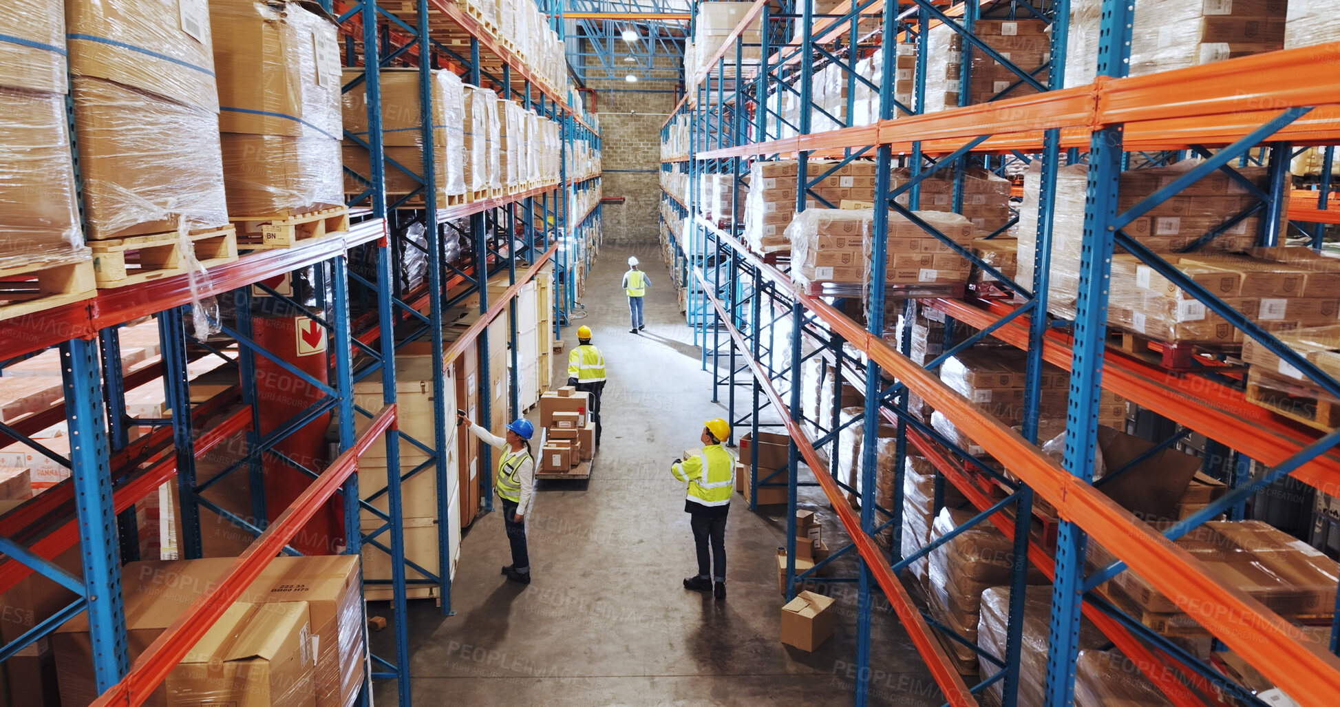 Buy stock photo People, warehouse and above for logistics, boxes and inspection for packaging, shelf and safety check. Group, engineer and employees with stock, distribution and inventory management for supply chain
