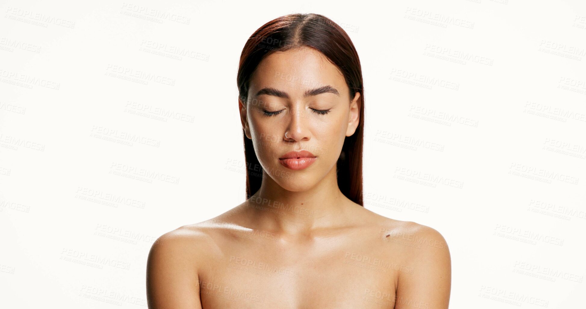 Buy stock photo Beauty, calm and skincare with woman on studio space for cosmetics, dermatology or zen. Aesthetic, eyes closed and wellness with model isolated on white background for natural cosmetology results