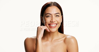 Buy stock photo Happy, skincare and portrait of woman in studio for beauty, wellness and natural glow on white background. Space, mockup and person with smile for health, shine and cosmetics for dermatology results