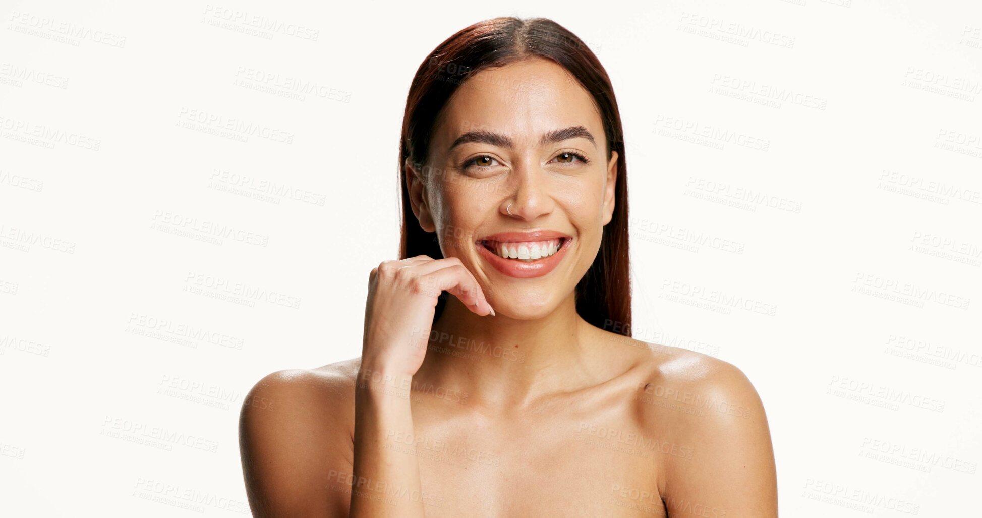 Buy stock photo Happy, skincare and portrait of woman in studio for beauty, wellness and natural glow on white background. Space, mockup and person with smile for health, shine and cosmetics for dermatology results