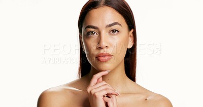 Buy stock photo Beauty, dermatology and portrait of woman in studio for cosmetology, skincare or wellness. Aesthetic, natural cosmetics and self care with model person isolated on white background for facial results