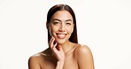 Happy, beauty and portrait of woman in studio for skincare, wellness and natural glow on white background. Space, mockup and person with smile for health, shine and cosmetics for dermatology results