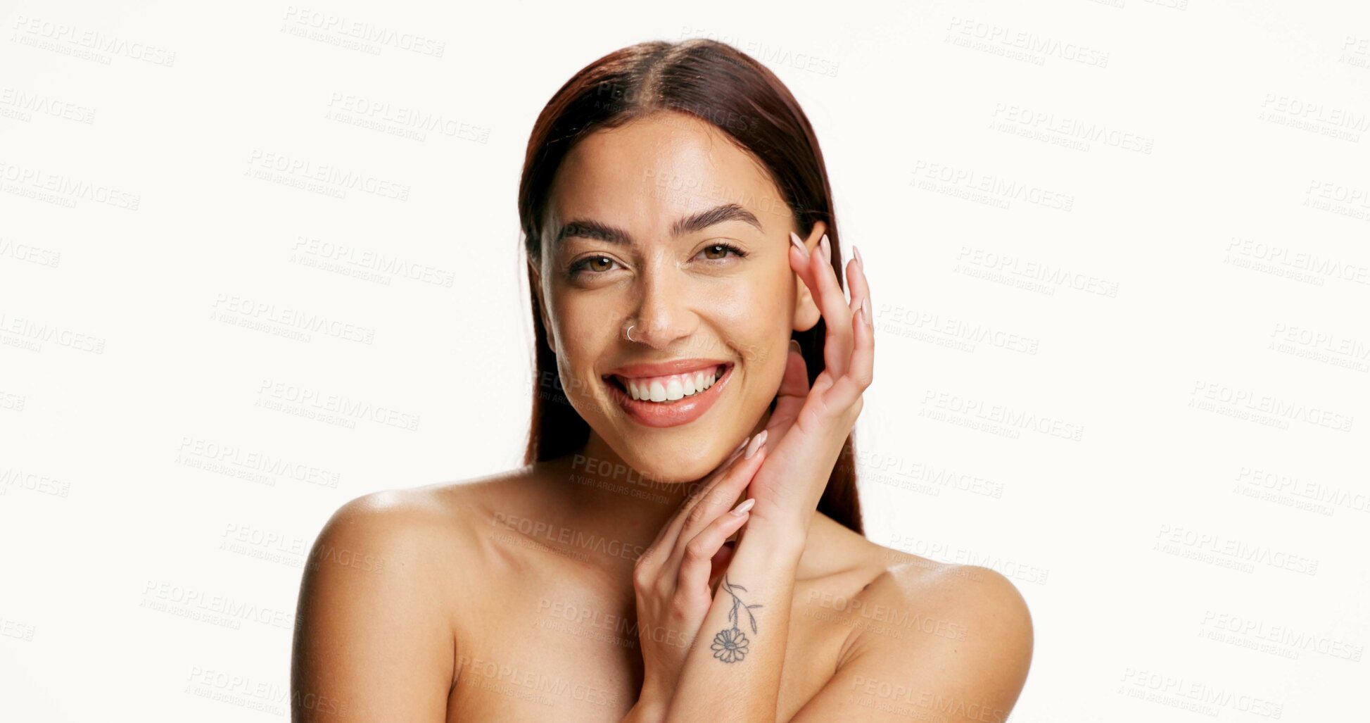 Buy stock photo Skincare, beauty and portrait of woman in studio for texture, wellness and natural glow on white background. Space, mockup and person with smile for health, shine and cosmetics for dermatology