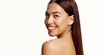 Beauty, woman and happy with skincare in studio with natural glow, healthy skin and treatment results. Mockup space, portrait and girl with dermatology on white background for hydration or confidence