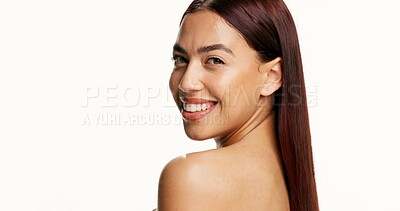 Buy stock photo Beauty, woman and happy with skincare in studio with natural glow, healthy skin and treatment results. Mockup space, portrait and girl with dermatology on white background for hydration or confidence