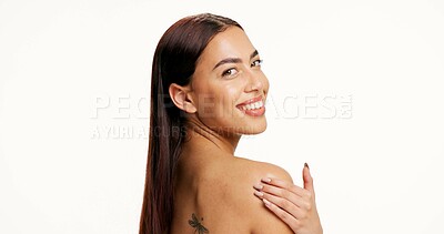 Buy stock photo Happy, woman and shoulder for skincare in studio with skin hydration, treatment results and glow. Natural beauty, person and portrait on white background for body care, dermatology and mockup space