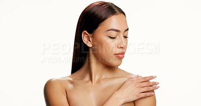 Buy stock photo Beauty, woman and skincare on shoulder in studio for healthy glow, clear skin or exfoliation results. Body care, person or clean on white background with collagen treatment, cosmetics or mockup space