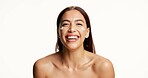 Woman, happy and skincare cream in studio portrait, pride or laugh with lotion on white background. Person, excited and smile with moisturizer, product or hydration with benefits for beauty in Mexico