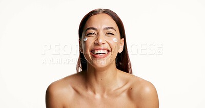 Buy stock photo Woman, happy and skincare cream in studio portrait, pride or laugh with lotion on white background. Person, excited and smile with moisturizer, product or hydration with benefits for beauty in Mexico