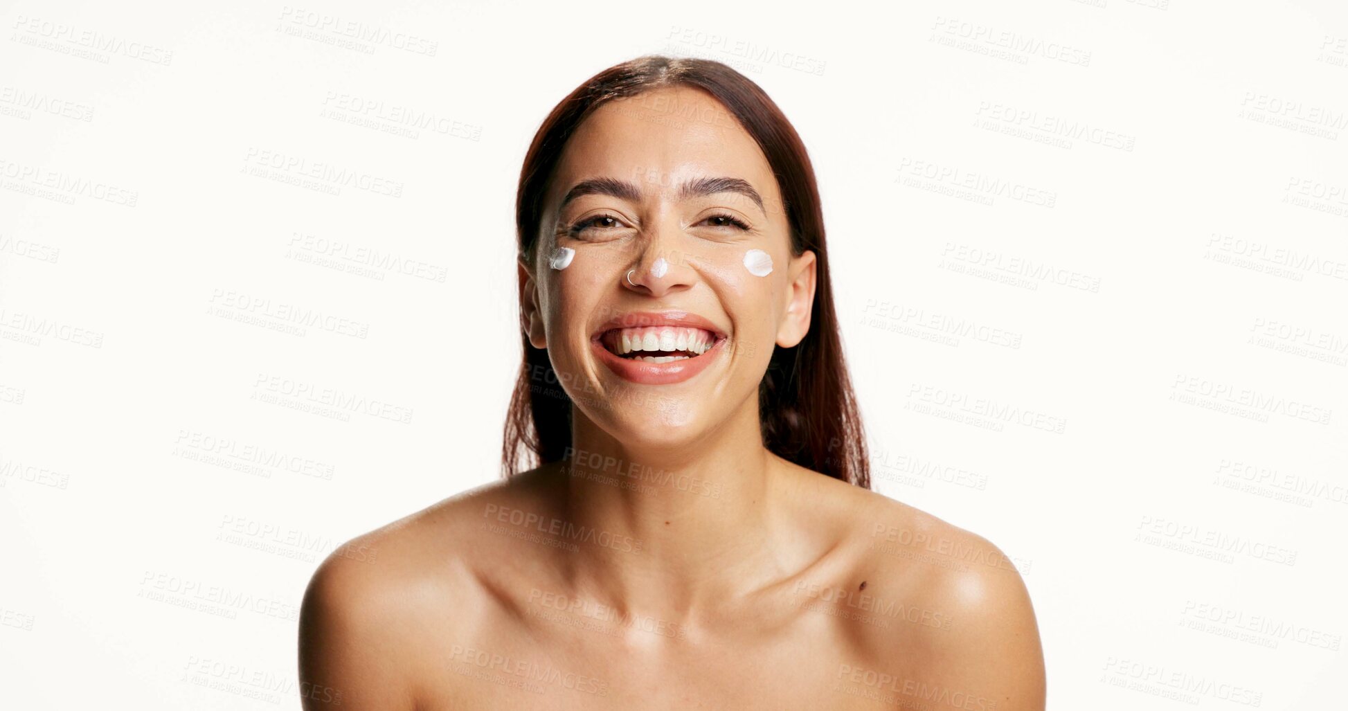 Buy stock photo Woman, happy and skincare cream in studio portrait, pride or laugh with lotion on white background. Person, excited and smile with moisturizer, product or hydration with benefits for beauty in Mexico