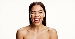 Woman, wink and skincare cream in studio portrait, pride or laugh with lotion on white background. Person, excited and smile with moisturizer, funny and hydration with benefits for beauty in Mexico