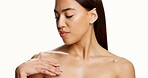 Body care, beauty and woman in studio with natural, wellness and hygiene for moisturizing skin. Relax, hydration and female person with dermatology for glow, cosmetics and health by white background.