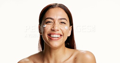 Buy stock photo Skincare, cream and portrait of woman in studio for wellness, facial and health. Dermatology, mockup space and person with cosmetics, moisturizer and beauty product for benefits on white background
