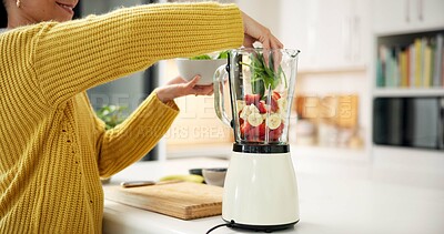 Buy stock photo Smoothie, fruit and hands of woman with blender for healthy drink, diet and detox in kitchen. Home, protein shake and person with ingredients, vegetables and food for nutrition, wellness and vitamins